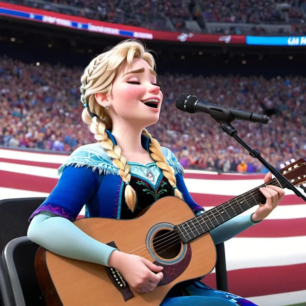 Prompt: Anna From Frozen singing playing acoustic guitar singing The Star Spangled Banner at a sports game sitting down closing eyes.