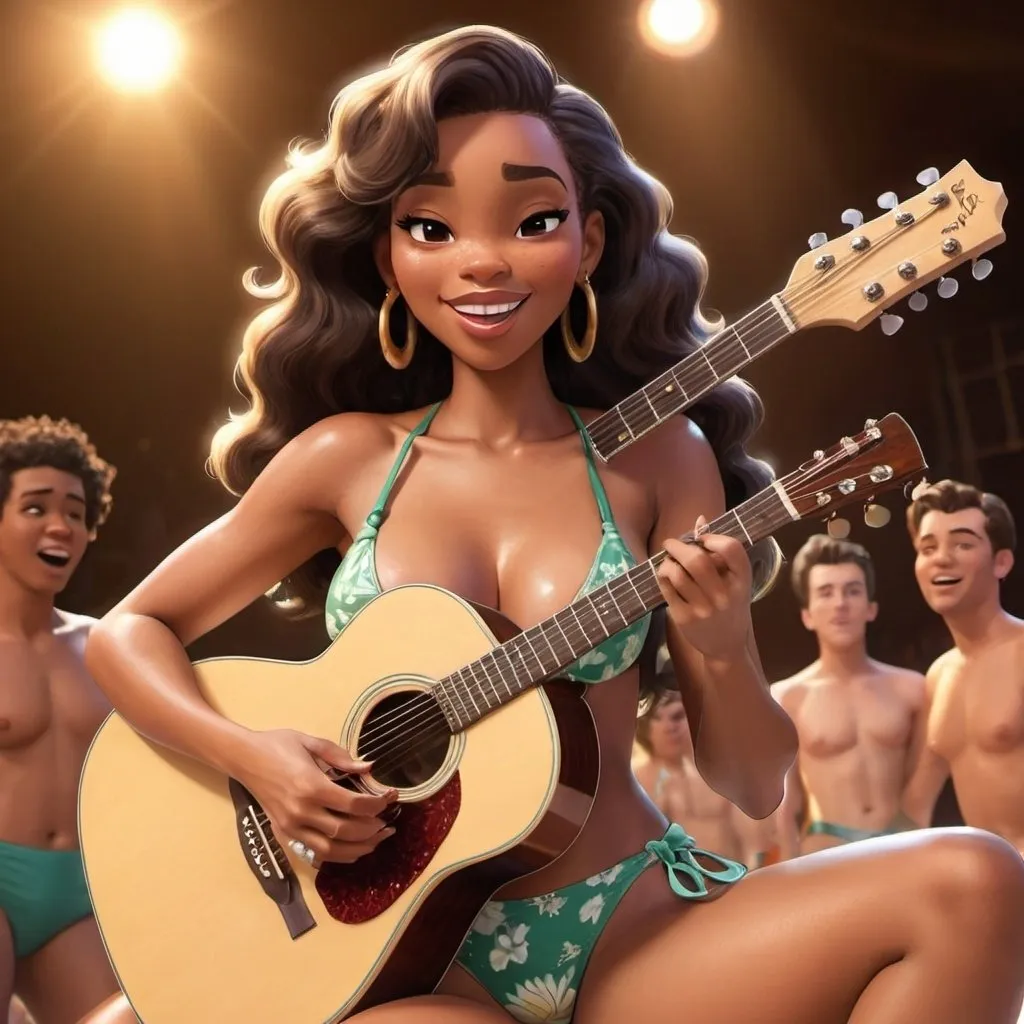 Prompt: Tiana sitting down singing in huge concert strumming her acoustic guitar and wearing extremely skimpy bathing suit and showing off her legs.