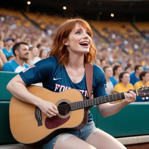 Prompt: (Young Bryce Dallas Howard singing) US national anthem, sitting in a vibrant sports stadium, (strumming an acoustic guitar), casual and relaxed pose, wearing (ripped torn short shorts) showing off her skin, (covered in her feces) (joyful atmosphere), bright stadium lights, cheering crowd in the background, (4K ultra-detailed) image quality, capturing the energy and emotion of the moment, highlighting the connection between music and sports.