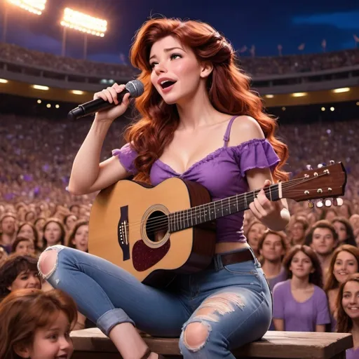 Prompt: Megara singing US national anthem at sport's stadium sitting down strumming an acoustic guitar and wearing ripped torn jeans showing off her skin. Megara is sitting down and strumming her acoustic guitar.