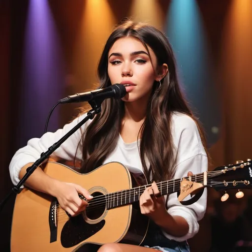 Prompt: (Madison Beer), emotional performance, acoustic guitar, sitting down, (showing off her legs), (tears coming out of her eyes), vibrant colors, warm lighting, (dreamy atmosphere), stage backdrop, cheerful audience, soft focus, detailed facial expression, enchanting surroundings, intense gaze, HD, (whimsical, joyful vibe).