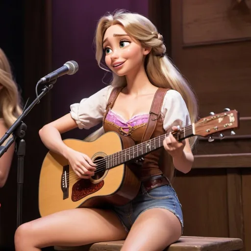 Prompt: Rapunzel sitting down singing in concert as a country singer wearring a very skimpy outfit with short short shorts and strumming her acoustic guitar.