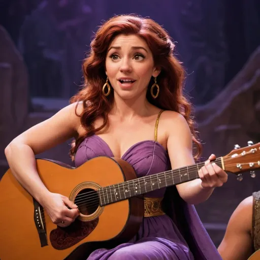 Prompt: Megara from hercules singing playing acoustic guitar in concert sitting down.