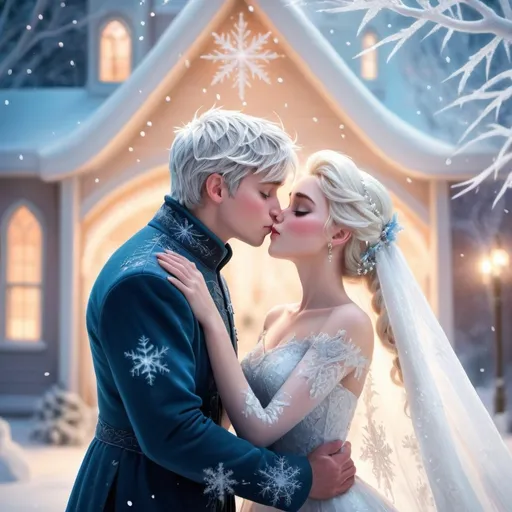 Prompt: (Elsa and Jack Frost sharing a kiss on their wedding day), magical and enchanting atmosphere, surrounded by a winter wonderland, sparkling snowflakes falling gently, (soft pastel colors) illuminating the scene, romantic lighting creating an ethereal glow, intricately designed wedding attire, delicate floral arrangements, high quality, (ultra-detailed), capturing the joy of their special moment together.