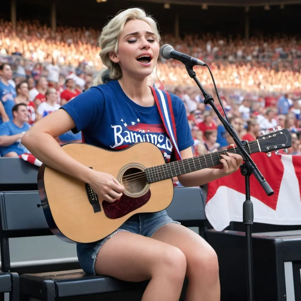 Prompt: Elsa sitting down wearing patriotic shirt singing Star Spangled Banner at sport's game strumming her acoustic guitar and wearing short shorts she is sitting down as she sings.