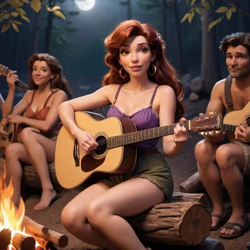 Prompt: Megara sitting down in a log near a crowded campfire singing wearing very short shorts while strumming her acoustic guitar and crossing her legs.