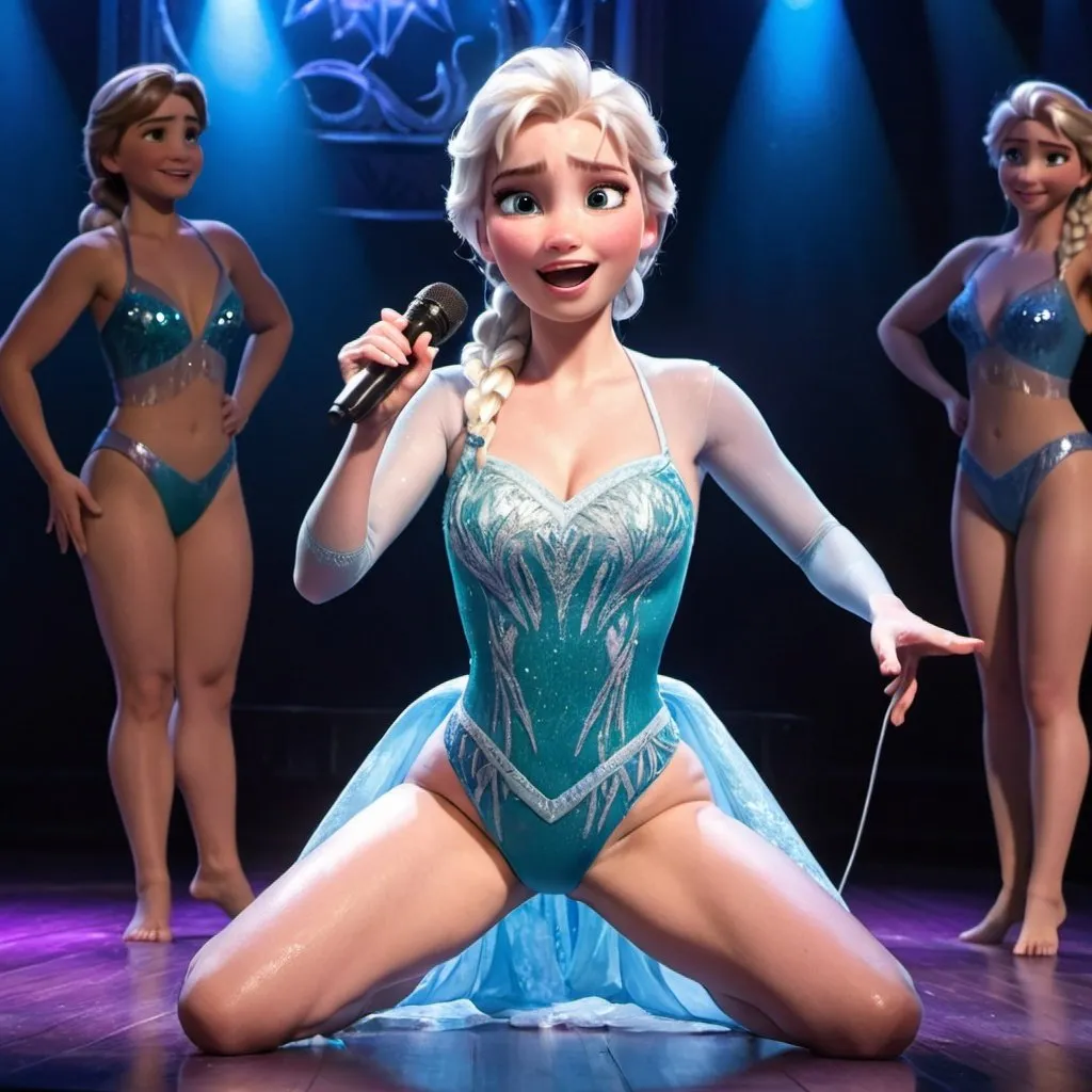 Prompt: Elsa from Frozen singing in concert wearing swimsuit and getting down to her knees on the stage floor while holding microphone