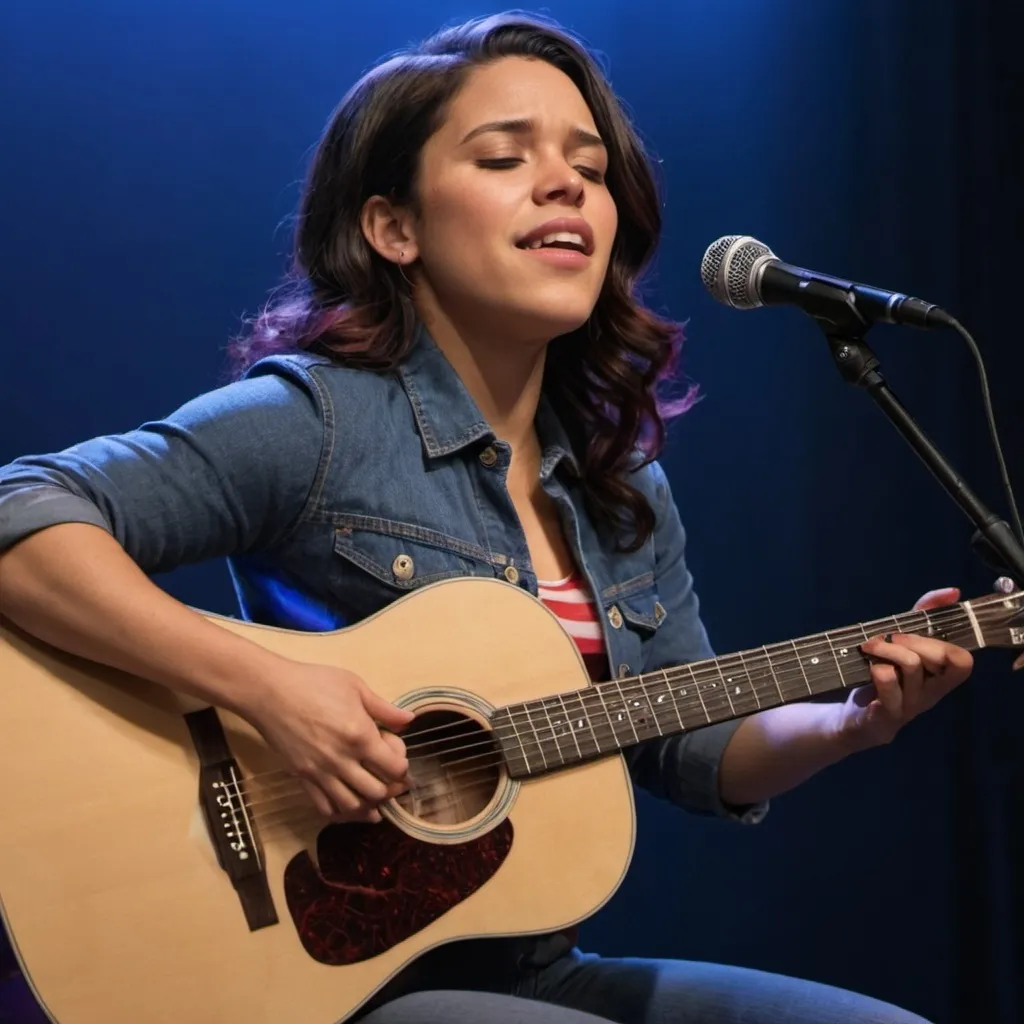 Prompt: America Chavez singing in concert sitting down strumming her acoustic guitar.