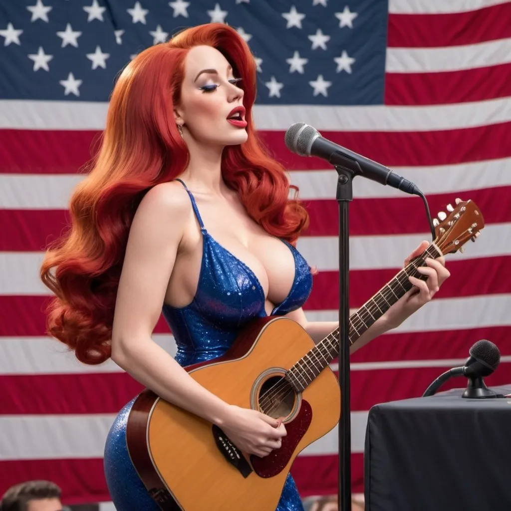 Prompt: Jessica Rabbit  wearing a revealing high slit to the waist dress sings The Star Spangled Banner at a sport's game while playing acoustic guitar with microphone.