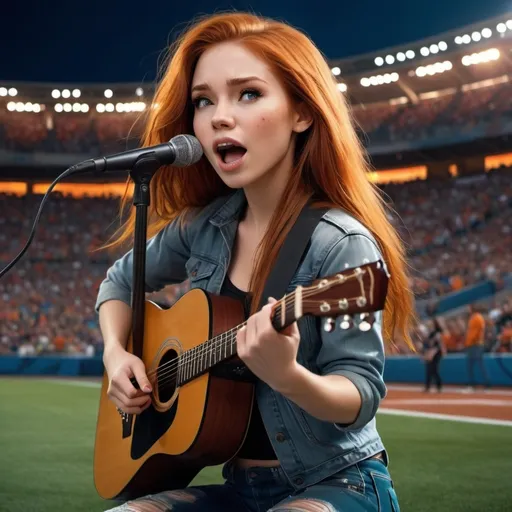 Prompt: Kim Possible singing US national anthem at sport's stadium sitting down strumming an acoustic guitar and wearing ripped torn jeans showing off her skin. Kim Possible is sitting down and strumming her acoustic guitar.