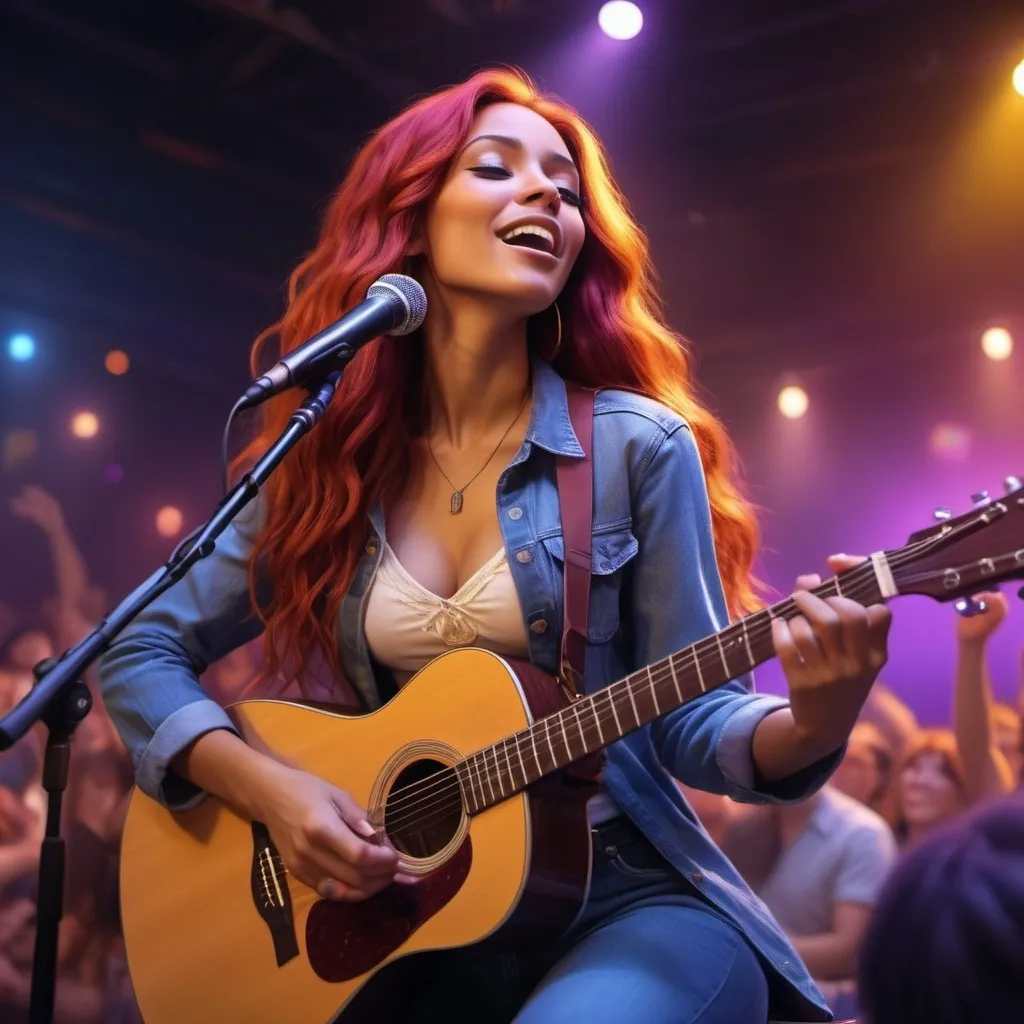 Prompt: Starfire singing in concert sitting down strumming her acoustic guitar andd crossing her legs.