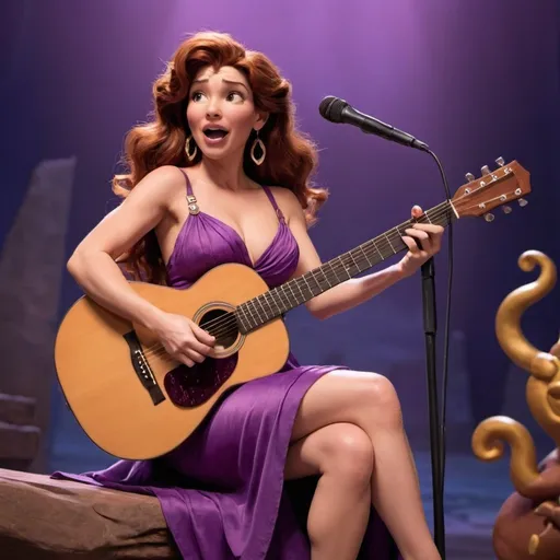 Prompt: Megara from hercules singing and playing acoustic guitar in concert wearing a purple slit to the thigh dress, crossing her legs as she strums her guitar and sings her song sitting down.