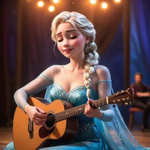 Prompt: (Elsa singing), emotional performance, acoustic guitar, sitting down, (showing off her legs), vibrant colors, warm lighting, (dreamy atmosphere), stage backdrop, cheerful audience, soft focus, detailed facial expression, enchanting surroundings, intense gaze, HD, (whimsical, joyful vibe).