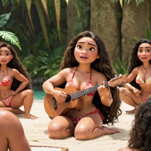 Prompt: Moana sitting down singing in huge concert strumming her ukulele and wearing extremely skimpy bathing suit.