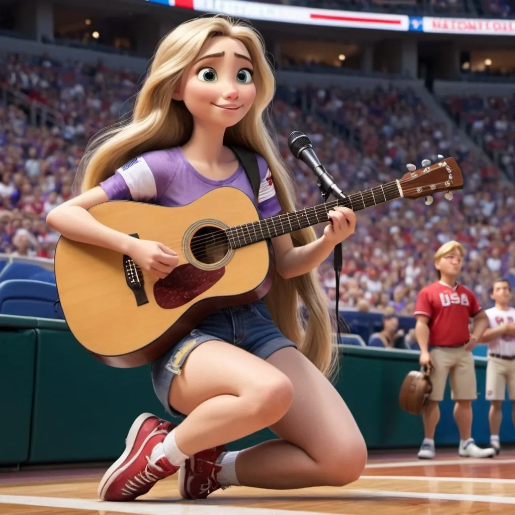 Prompt: Rapunzel wearing shorts plays acoustic guitar  while singing the US national anthem at a sports game sitting down.