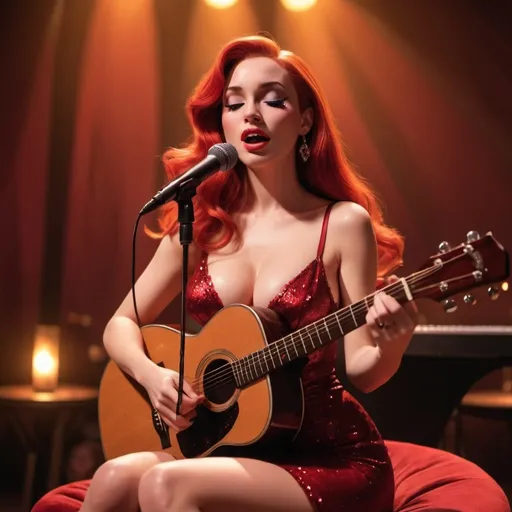 Prompt: (Jessica Rabbit),  singing a ballad in a concert, emotional performance, holding an acoustic guitar, sitting down, wearing revealing slit to the thigh dress (showing off her legs), (tears coming out of her eyes), vibrant colors, warm lighting, (dreamy atmosphere), stage backdrop, cheerful audience, soft focus, detailed facial expression, enchanting surroundings, intense gaze, HD, (whimsical, emotional,vibe).