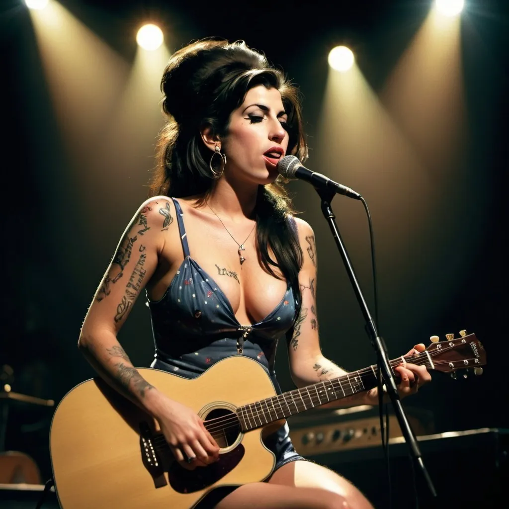 Prompt: Amy Winehouse singing in concert sitting down strumming her acoustic guitar while wearing skimpy swimsuit showing off her legs.