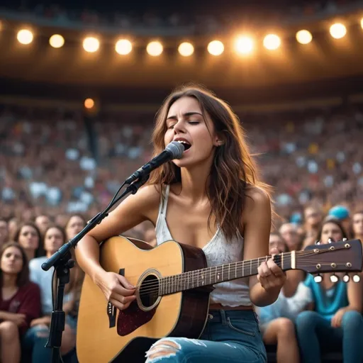 Prompt: (Emily Ratajowski singing), sport stadium ambiance, sitting down, ripped torn jeans exposing skin, strumming acoustic guitar, vibrant crowd in the background, dramatic lighting illuminating her, heartwarming atmosphere, emotional lyrics floating through the air, high-quality 4K image, detailed textures on guitar and clothing, cinematic depth with warm colors, capturing the spirit of unity.