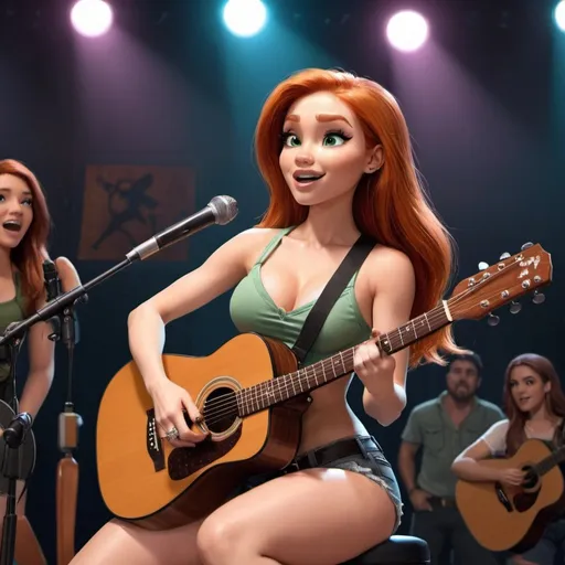 Prompt: Kim Possible sitting down singing in concert as a country singer wearring a very skimpy outfit with short short shorts and strumming her acoustic guitar.