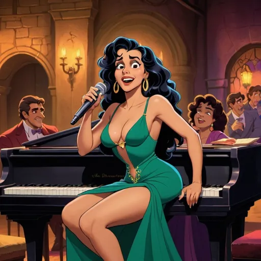 Prompt: Esmeralda from the Hunchback of notre dame as a lounger singer with a slit on dress singing in a club while laying on a piano.