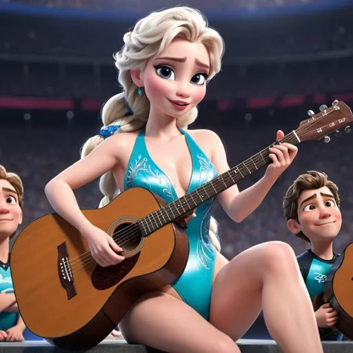 Prompt: Elsa singing in concert superbowl halftime concert wearing swimsuit sitting down and strumming her acoustic guitar showing off her legs 