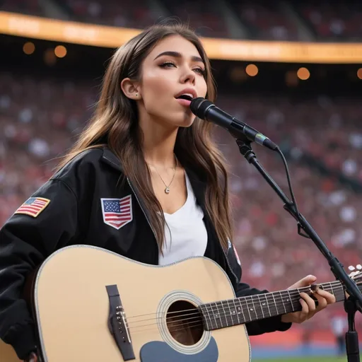 Prompt: Madison Beer singing in sport's stadium singing national anthem sitting down strumming her acoustic guitar and crossing her legs as she sings.