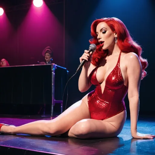 Prompt: Jessica Rabbit singing in concert wearing swimsuit and laying down on the stage floor on the stage floor while holding microphone