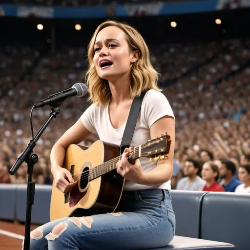 Prompt: Brie Larson singing US national anthem at sport's stadium sitting down strumming an acoustic guitar and wearing ripped torn jeans showing off her skin. Brie Larson is sitting down and strumming her acoustic guitar.