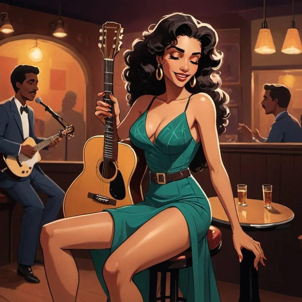 Prompt: Esmeralda singing as a lounge singer in a jazz club wearing a slit to the thigh and waist dress sitting down and strumming her acoustic guitar and crossing her legs.