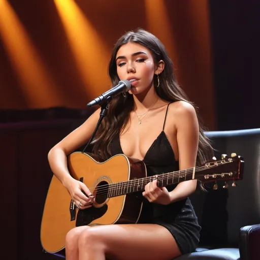 Prompt: (Madison Beer), emotional performance, acoustic guitar, sitting down, wearing revealing slit to the thigh dress (showing off her legs), (tears coming out of her eyes), vibrant colors, warm lighting, (dreamy atmosphere), stage backdrop, cheerful audience, soft focus, detailed facial expression, enchanting surroundings, intense gaze, HD, (whimsical, emotional,vibe).