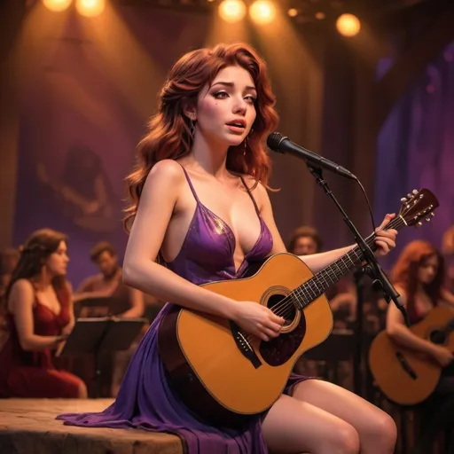 Prompt: (Megara),  singing a ballad in a concert, emotional performance, acoustic guitar, sitting down, wearing revealing slit to the thigh dress (showing off her legs), (tears coming out of her eyes), vibrant colors, warm lighting, (dreamy atmosphere), stage backdrop, cheerful audience, soft focus, detailed facial expression, enchanting surroundings, intense gaze, HD, (whimsical, emotional,vibe).