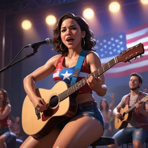 Prompt: America Chavez singing in concert sitting down strumming her acoustic guitar wearing short shorts showing off her legs.