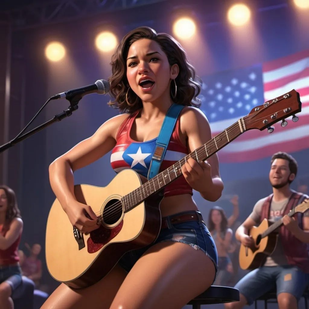 Prompt: America Chavez singing in concert sitting down strumming her acoustic guitar wearing short shorts showing off her legs.