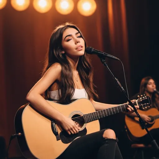 Prompt: (Madison Beer), emotional performance, acoustic guitar, sitting down, (showing off her legs), vibrant colors, warm lighting, (dreamy atmosphere), stage backdrop, cheerful audience, soft focus, detailed facial expression, enchanting surroundings, intense gaze, HD, (whimsical, joyful vibe).