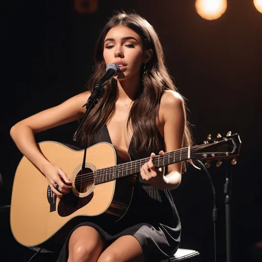 Prompt: Madison Beer singing at concert sitting down strumming her acoustic guitar wearing a slit to the thigh dress showing off her legs. she sitting down strumming her acoustic and singing an emotional performance.