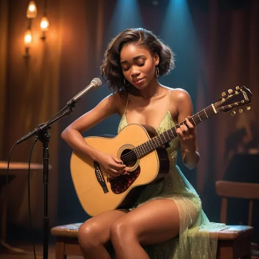 Prompt: (Tiana), emotional performance, acoustic guitar, sitting down, wearing revealing slit to the thigh dress (showing off her legs), (tears coming out of her eyes), vibrant colors, warm lighting, (dreamy atmosphere), stage backdrop, cheerful audience, soft focus, detailed facial expression, enchanting surroundings, intense gaze, HD, (whimsical, emotional,vibe).