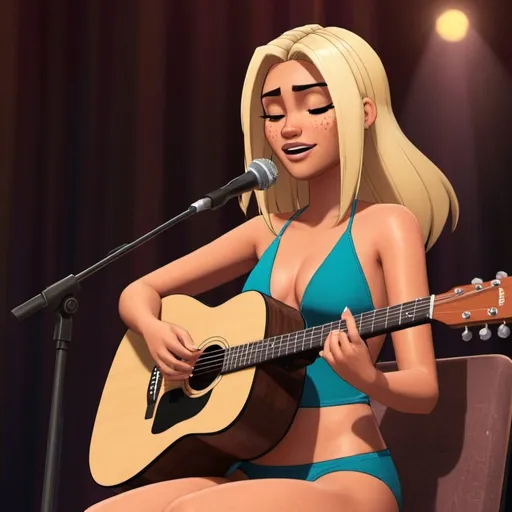 Prompt: Bridgette from Total Drama with blonde hair singing in concert wearing swimsuit sitting down and strumming her acoustic guitar