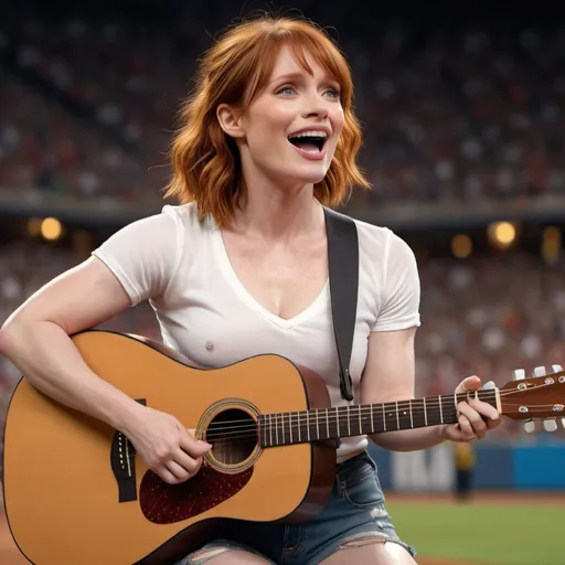 Prompt: (Bryce Dallas Howard singing) US national anthem, sitting in a vibrant sports stadium, (strumming an acoustic guitar), casual and relaxed pose, wearing (ripped torn short shorts) showing off her skin, (joyful atmosphere), bright stadium lights, cheering crowd in the background, (4K ultra-detailed) image quality, capturing the energy and emotion of the moment, highlighting the connection between music and sports.