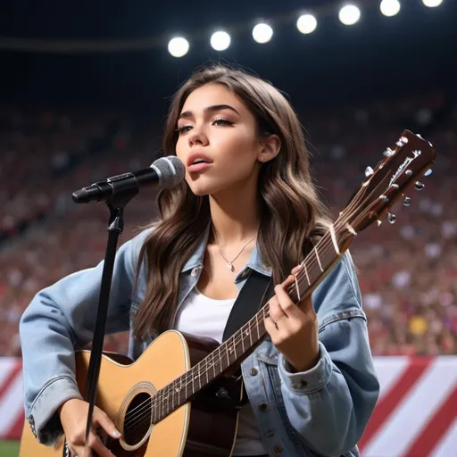 Prompt: (Madison Beer singing the national anthem), sitting in a sports stadium, strumming an acoustic guitar, crossing her legs, (high energy atmosphere), vivid and colorful stadium lights illuminating the scene, captivated audience in the background, dynamic and emotional performance, detailed expressions of passion, (4K ultra-detailed) setting to capture every moment of the powerful rendition.
