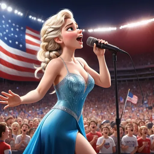 Prompt: (Elsa, wearing a (revealing high slit to the waist dress), singing The Star Spangled Banner, performing at a (sport's game), (acoustic guitar) in hand, (microphone) close, vibrant backdrop of cheering crowd, high-energy atmosphere, (dynamic lighting), showcasing excitement, capturing emotion, (ultra-detailed) and (cinematic), creating a memorable scene of patriotic fervor.