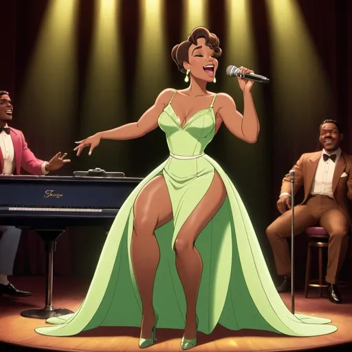 Prompt: Tiana singing as a lounge singer in a club wearing a slit to the thigh dress showing off her legs and sitting down as she sings.