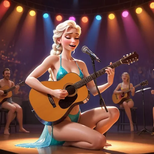 Prompt: (Elsa performing) singing at a concert, strumming an (acoustic guitar), wearing a skimpy (bathing suit), showcasing her legs while sitting down, vibrant and lively atmosphere, colorful stage lights creating dynamic reflections, captivated audience, warm tone setting, emphasis on her joyful expression, high-quality details, ultra-detailed scene.