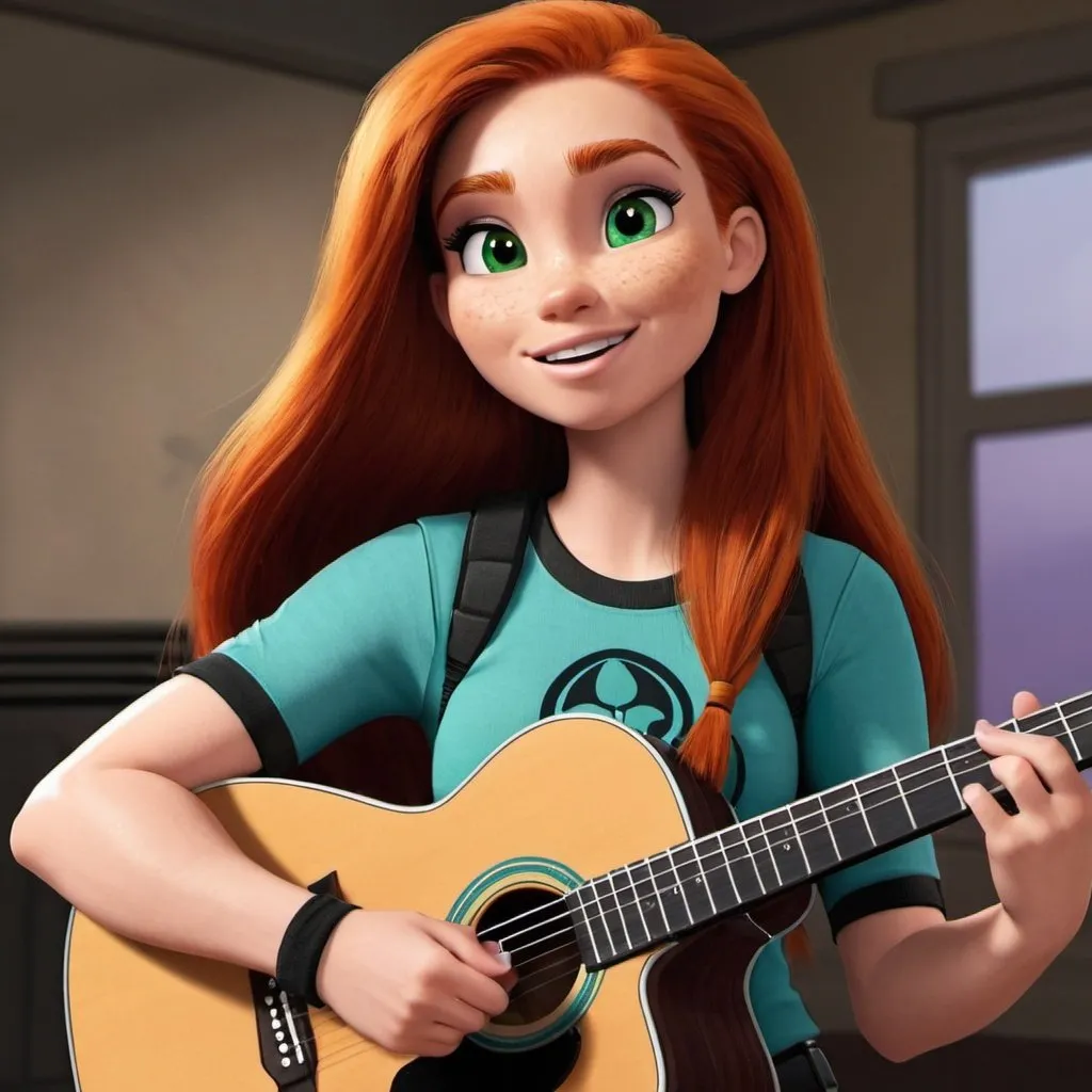 Prompt: Kim possible singing while playing acoustic guitar