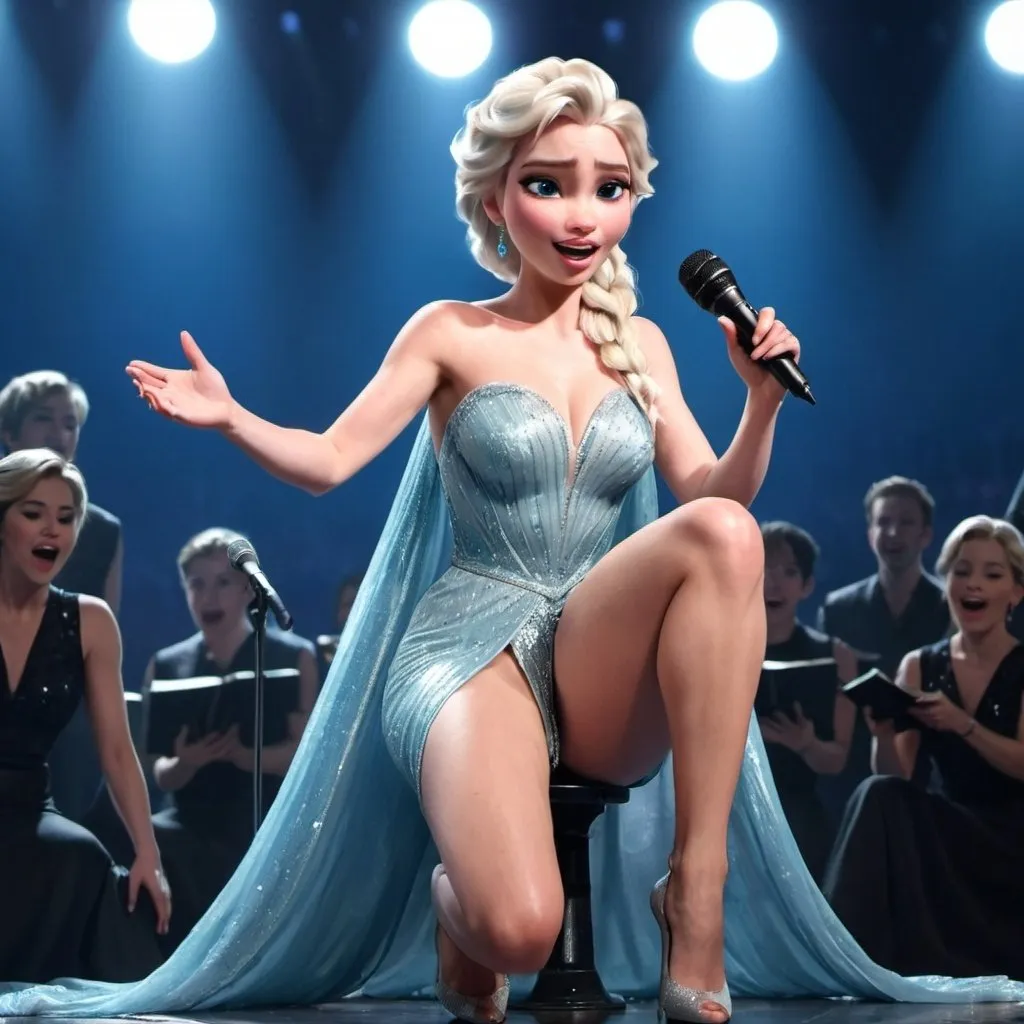 Prompt: Elsa sitting down singing in huge concert and wearing extremely reveaing slit to the thigh and waist dress and showing off her legs. Holding microphone and singing