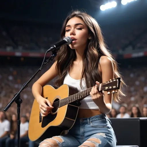 Prompt: (Madison Beer singing), sport stadium ambiance, sitting down, ripped torn jeans exposing skin, strumming acoustic guitar, vibrant crowd in the background, dramatic lighting illuminating her, heartwarming atmosphere, emotional lyrics floating through the air, high-quality 4K image, detailed textures on guitar and clothing, cinematic depth with warm colors, capturing the spirit of unity.