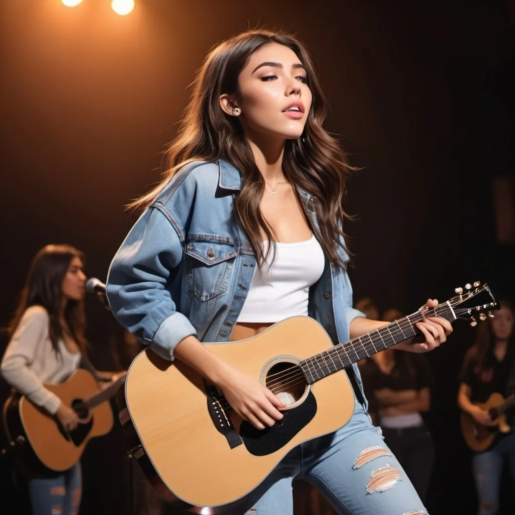 Prompt: Madison Beer singing at concert strumming her acoustic guitar sitting down and strumming her acoustic guitar wearing ripped torn jeans and showing off her skin.