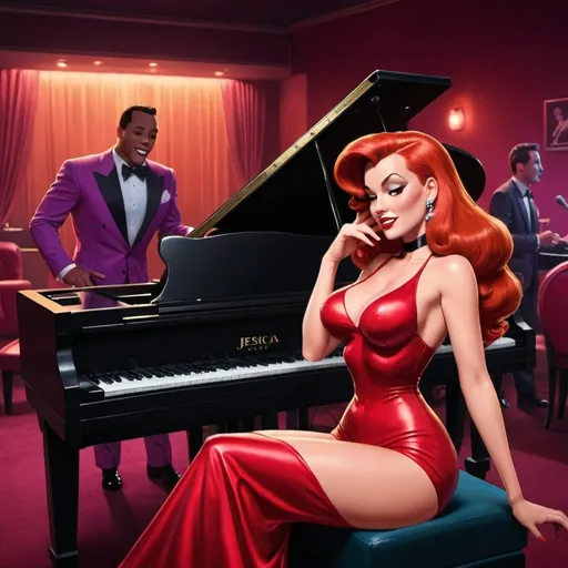Prompt: Jessica Rabbit laying down on top of piano singing in lounge club while player plays on piano.
