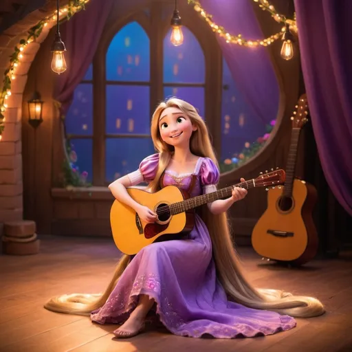 Prompt: (Rapunzel singing), emotional performance, acoustic guitar, sitting down, (showing off her legs), vibrant colors, warm lighting, (dreamy atmosphere), stage backdrop, cheerful audience, soft focus, detailed facial expression, enchanting surroundings, intense gaze, HD, (whimsical, joyful vibe).