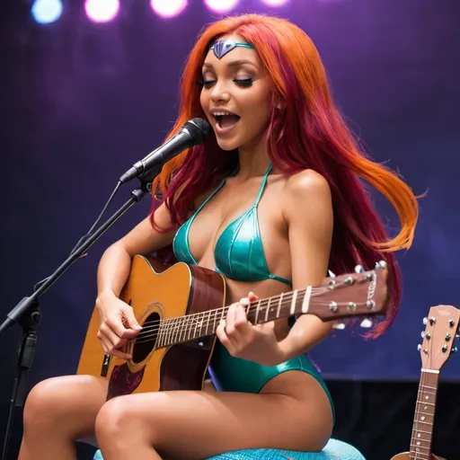 Prompt: Starfire from Teen Titans singing in concert sitting down strumming her acoustic guitar wearing swimsuit and showing off her legs.