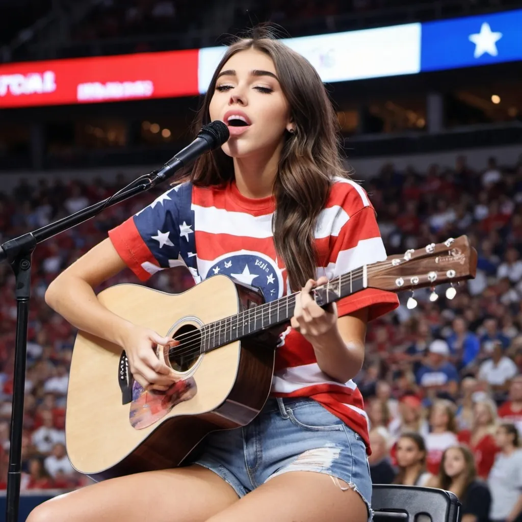 Prompt: Madison Beer sitting down wearing patriotic shirt singing Star Spangled Banner at sport's game strumming her acoustic guitar and wearing short shorts she is sitting down as she sings.